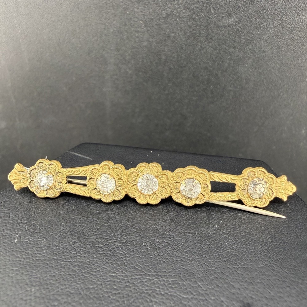 Vintage Estate Bar Brooch Gold Tone Flower Rhinestone Paste READ